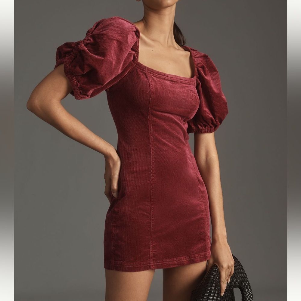 NWT Anthropologie Pilcro Puff-Sleeve Square-Neck Corduroy Mini Dress